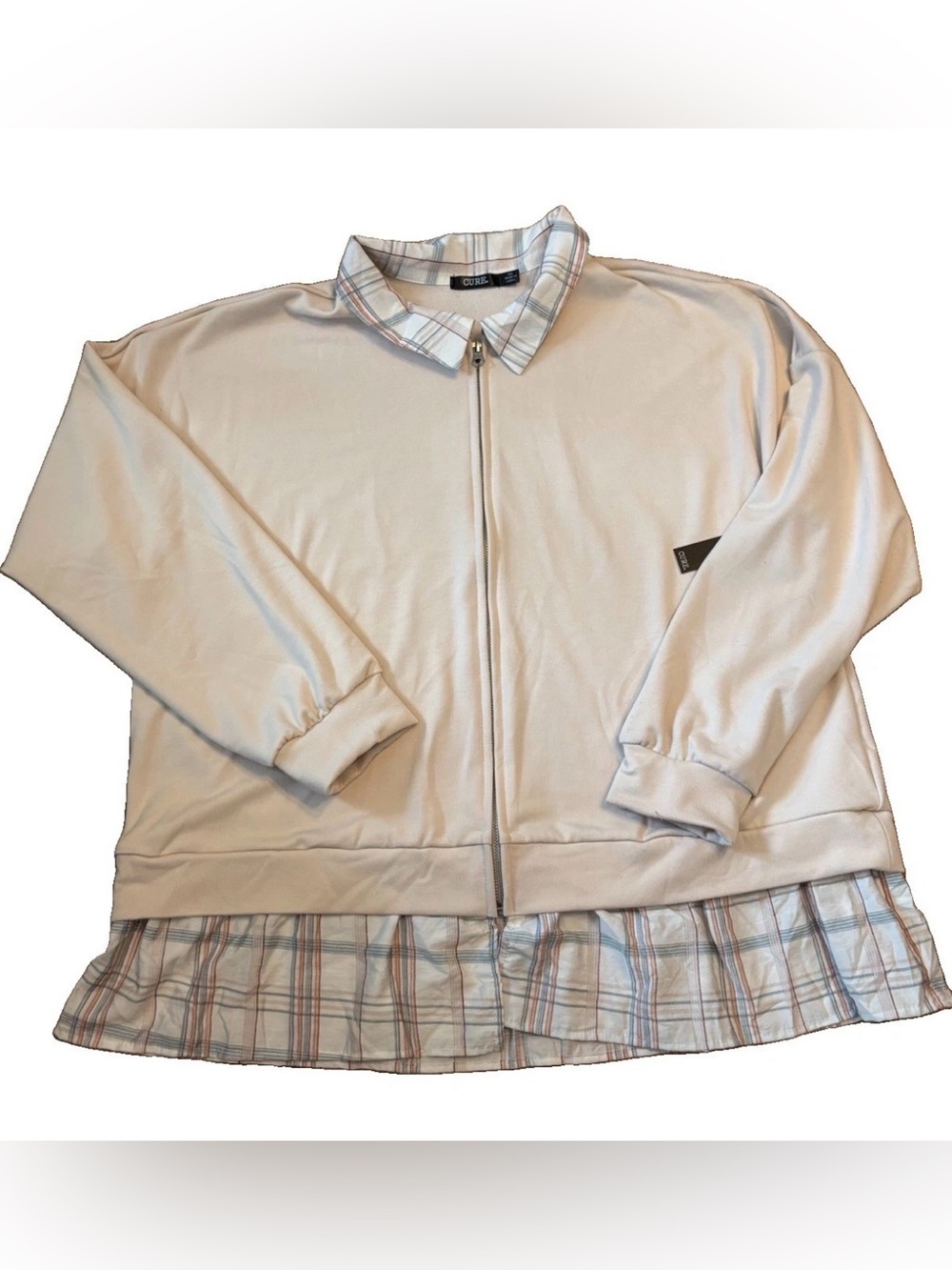 Cure Women’s Plus Size Beige Zip-Front Jacket with Plaid Trim - 3X